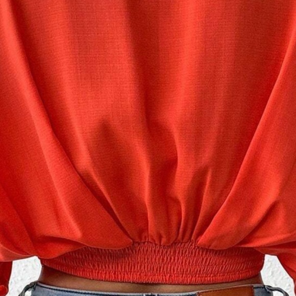 Vibrant Orange Button detail shirred Kimono Sleeve Blouse - Picture 4 of 5